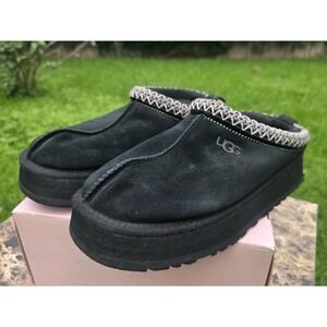 UGG TAZZ BLACK SUEDE SHEEPSKIN MULE PLATFORM WOMEN'S SLIPPERS SIZE US 9/UK 7